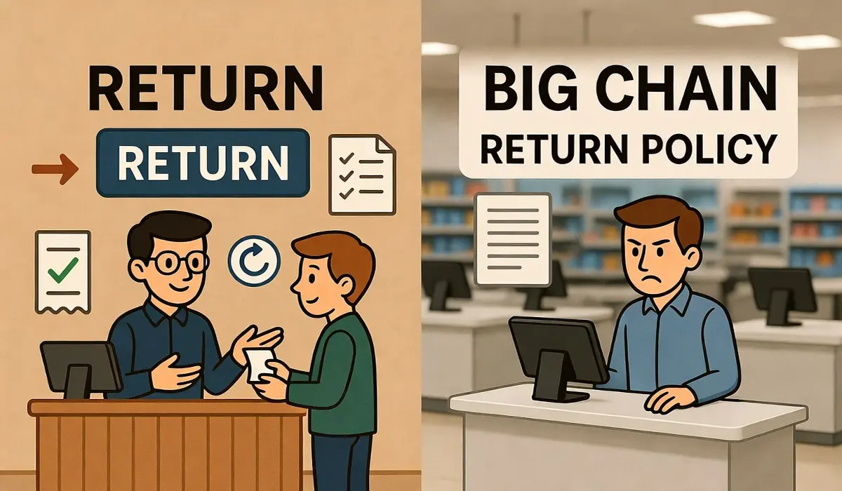 Comparing return policies of small shops vs big retailers